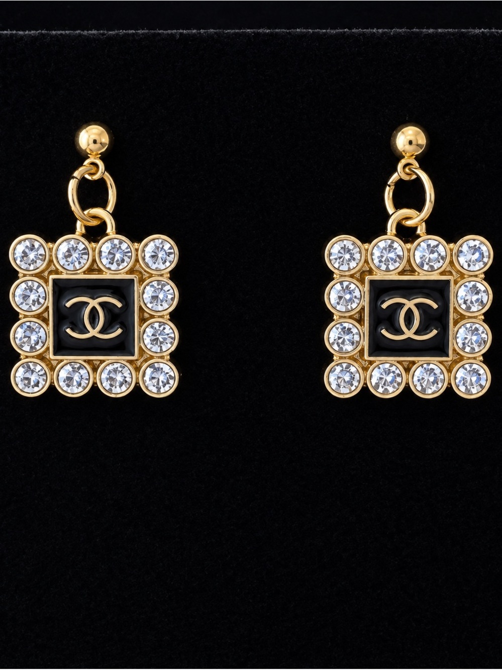 CHANEL Gold & Black Square CC Drop Earrings with Purple Crystals